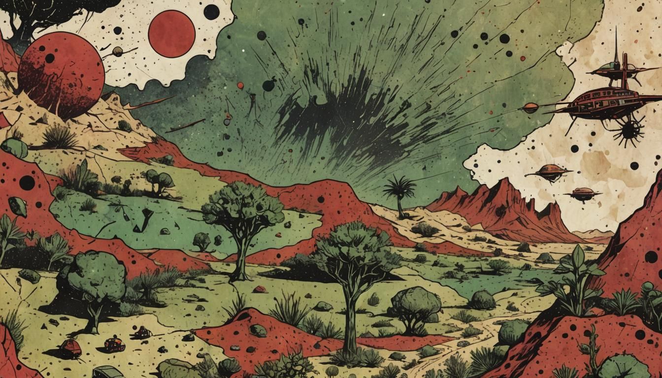 Retrofuturistic Martian Landscape in Bold Linework and Vibra...