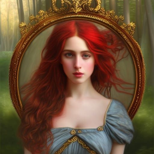 Pre-Raphaelite Princess with Golden Eyes in Red Dress