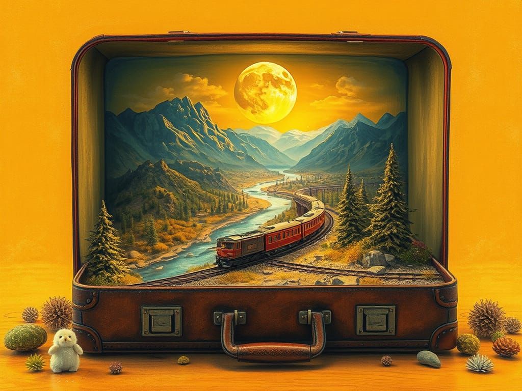 Miniature Train Scene Unfolds from Suitcase in Whimsical, Fa...