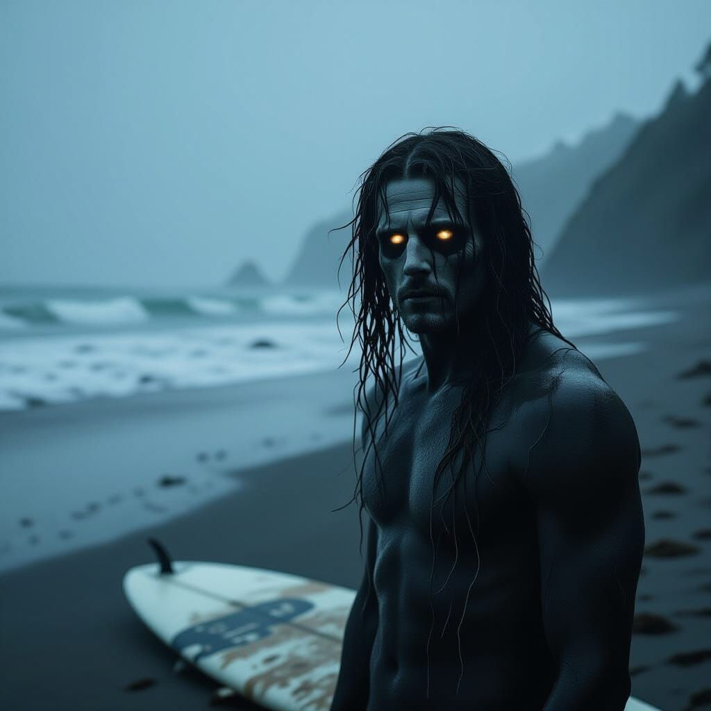 Ghost of Drowned Surfer on Misty Beach