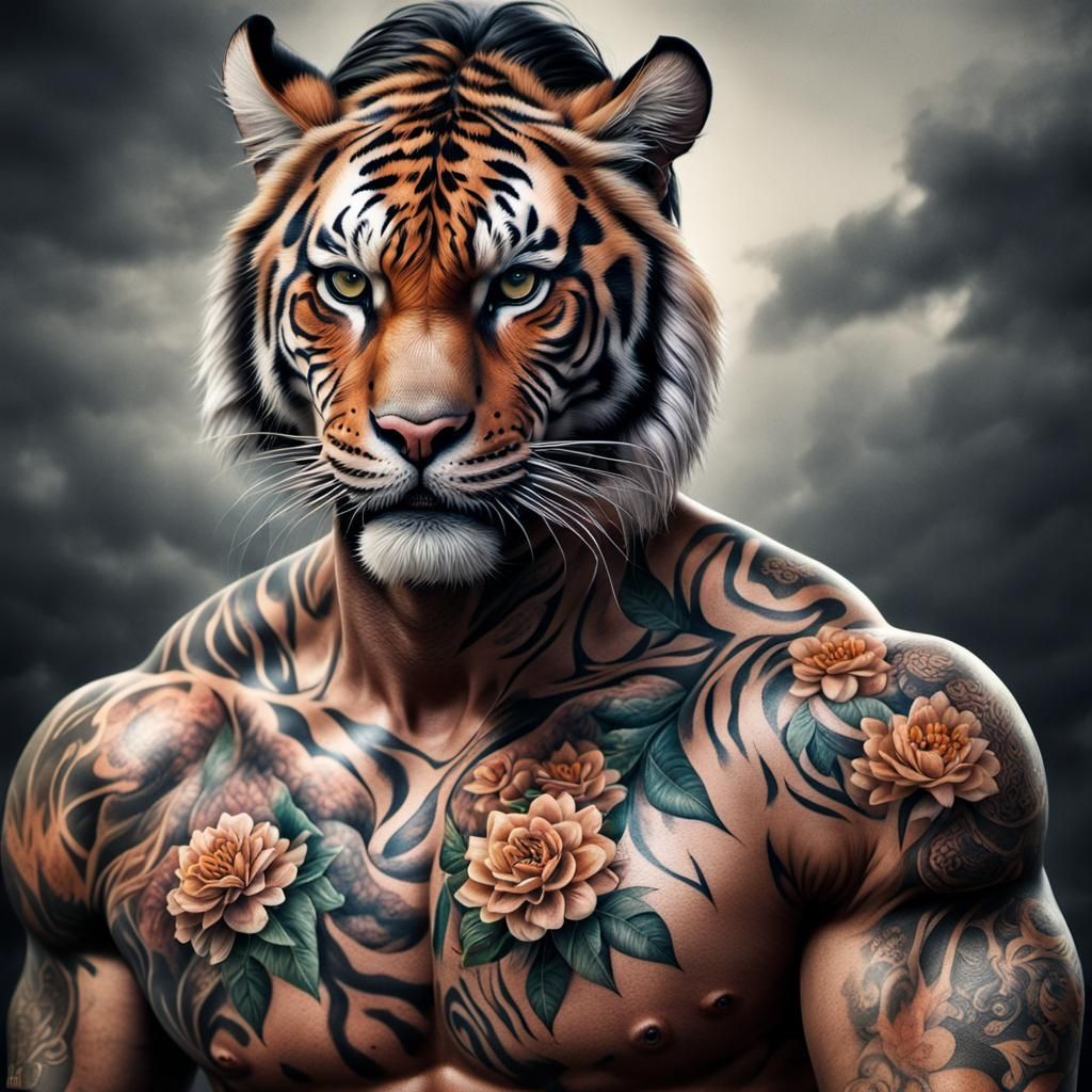 Man with Tiger Tattoo in Hyperrealistic Style