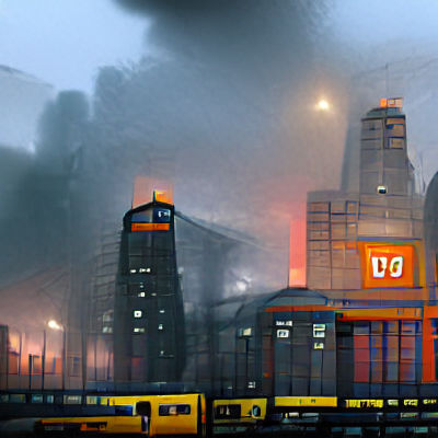 Rainy Cityscape with Glowing Windows: Hyperrealistic Digital...
