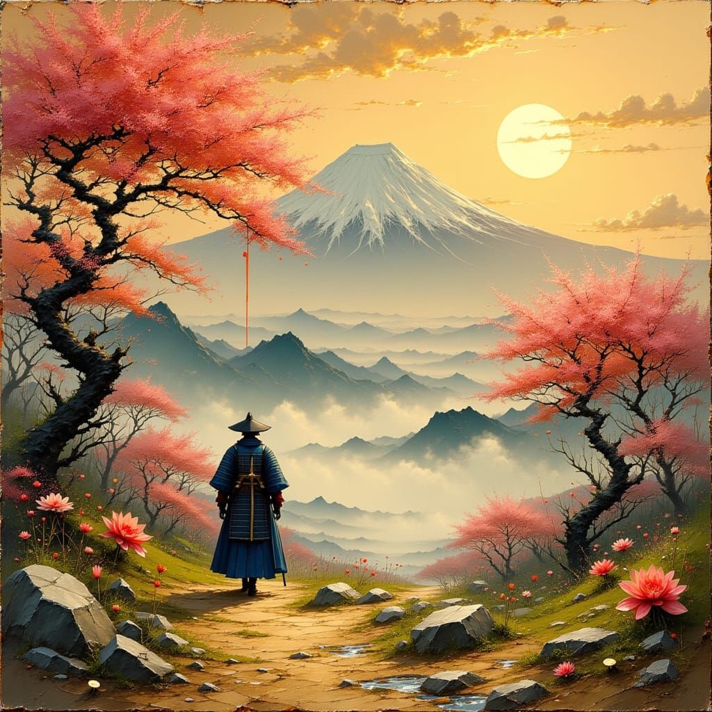 Samurai in Cherry Blossoms with Mount Fuji
