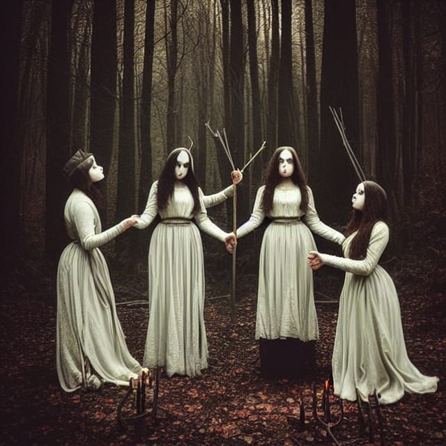 Eerie Witches' Ritual in Autumn Forest