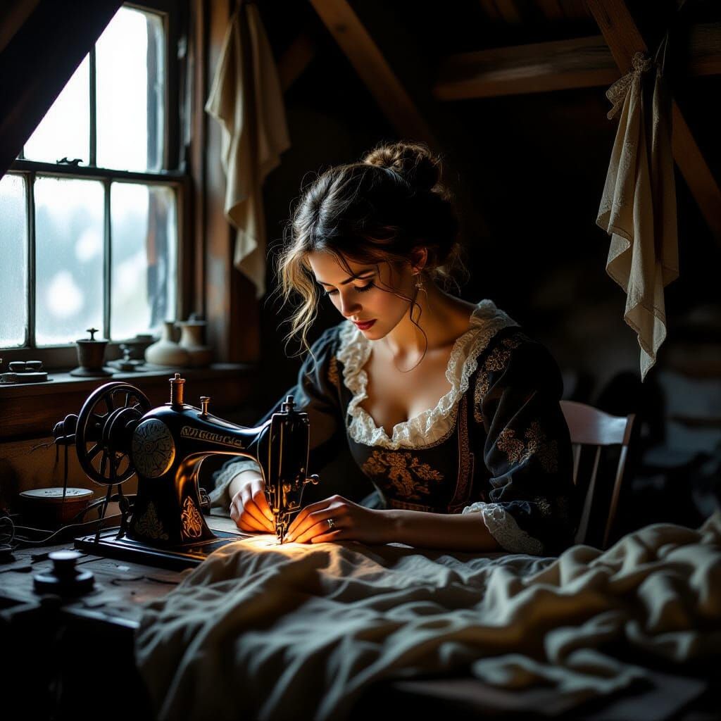 Seamstress in Dusty Attic, Hyperrealistic Style