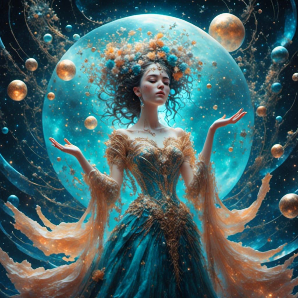 Cosmic Goddess Ascending to Heaven in Holographic Illustrati...