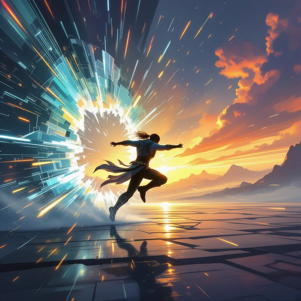 Epic Fantasy Art: Figure Leaping Through Energy Barrier
