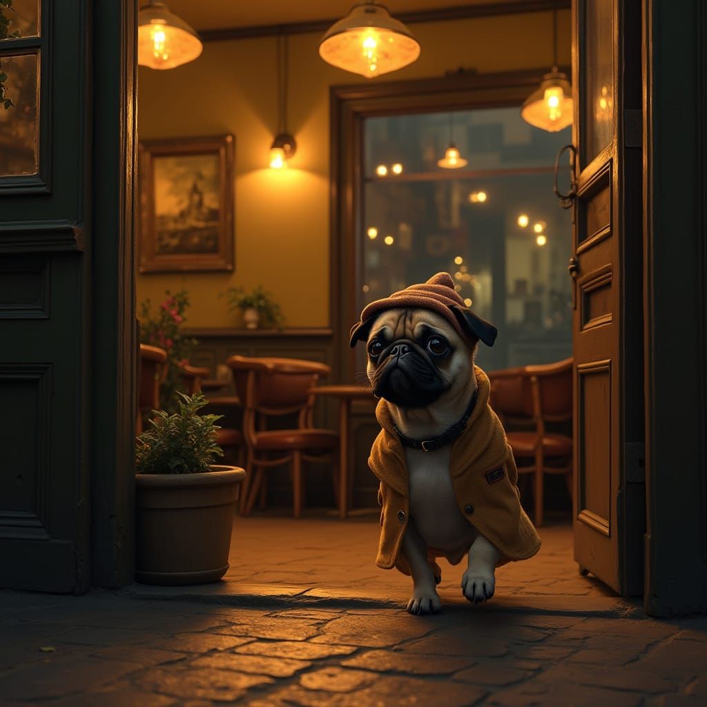 Pug Enters Night Cafe in Realistic Painting Style