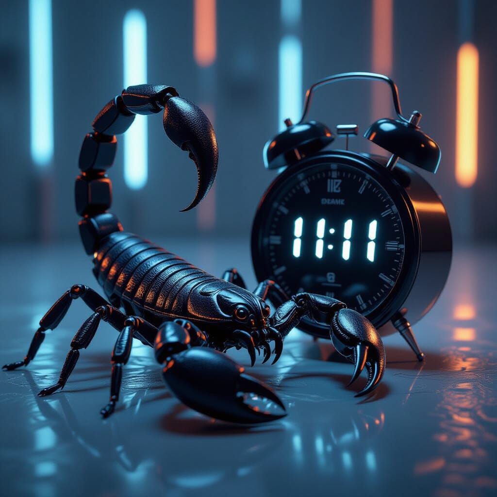 Futuristic Scorpion with Digital Clock in Sci-Fi Style