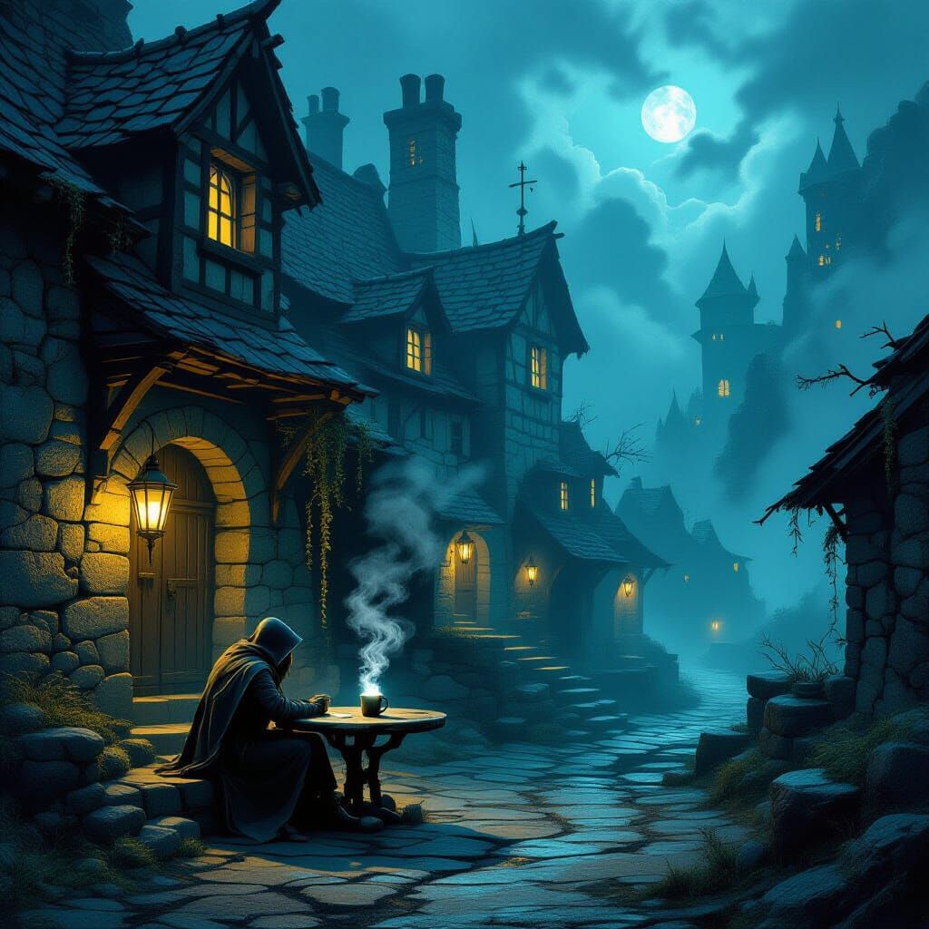 Traveler Rests in Ancient Inn with Bioluminescent Fungi