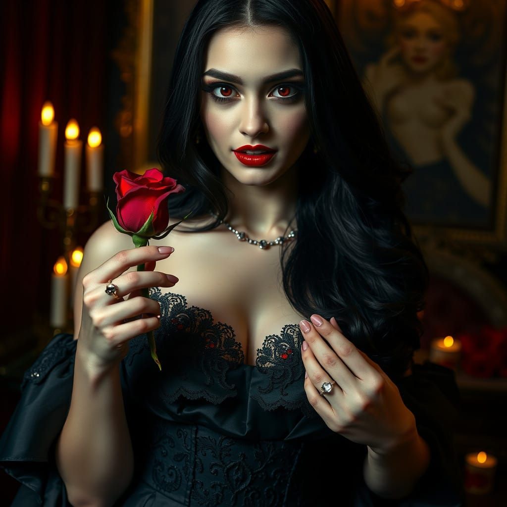Ethereal Vampire Siren in Black Ball Gown
