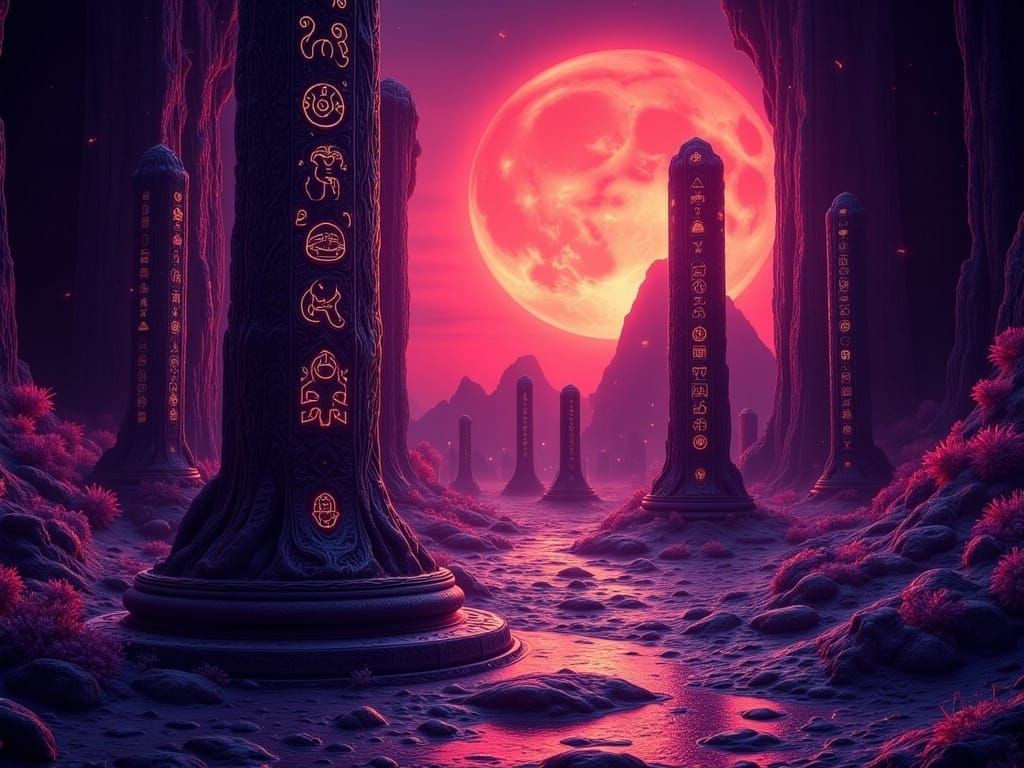Alien Temple Ruins with Glowing Hieroglyphs