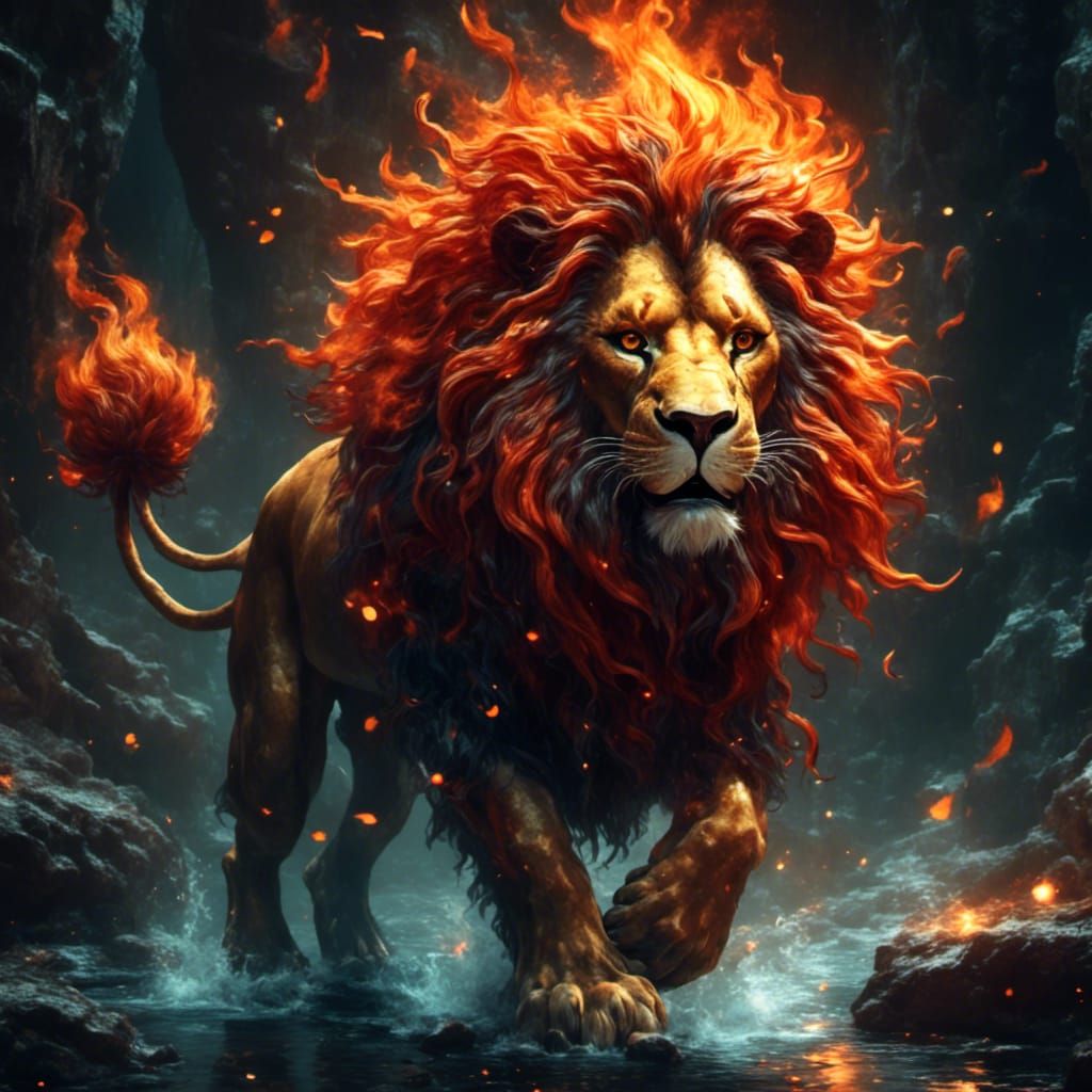 Fiery Lion in Cave: Epic Flame Mane