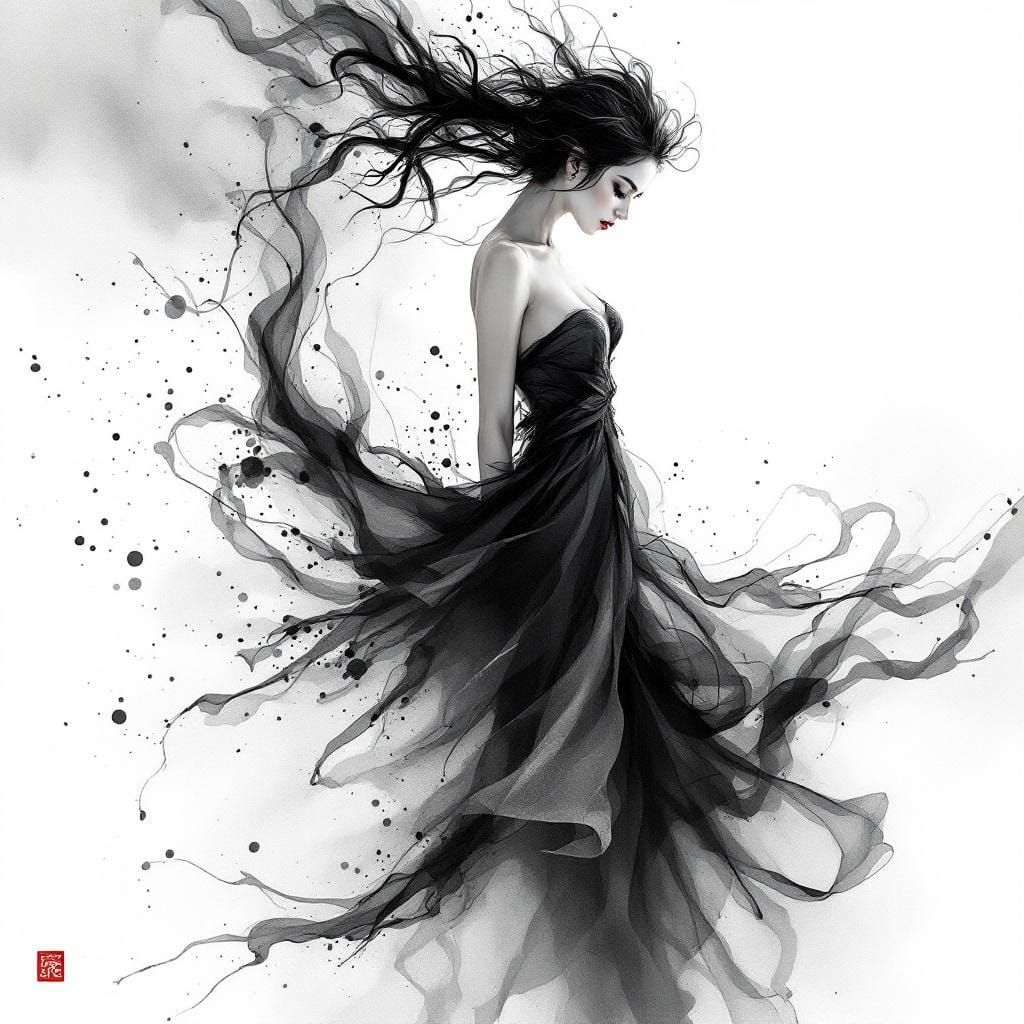 Ink Wash Woman in Flowing Gown Fashion Illustration