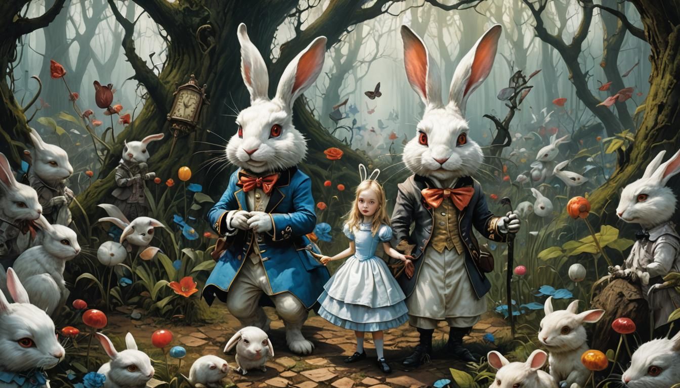 Alice in Wonderland: Cryptid Rabbits in Crayon Caricature