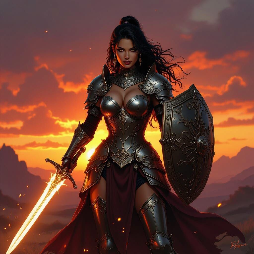 Heroic Fantasy Female Warrior with Glowing Sword and Shield