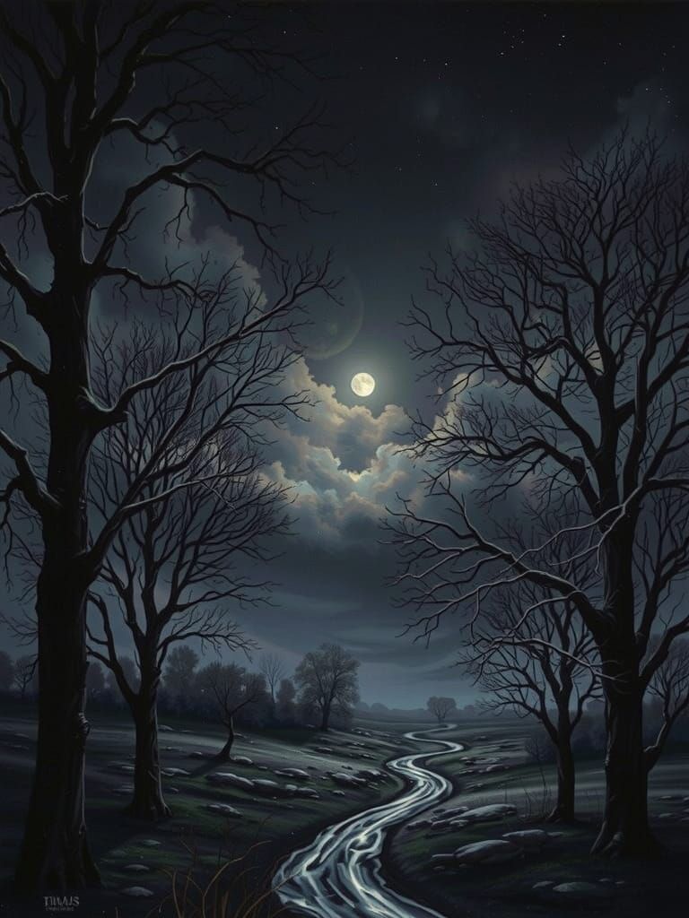 Ethereal Night Scene: Mystical Trees and Clouds