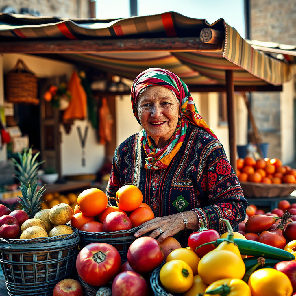 Colorful Balkan Woman Selling Fruit: Digital Pop Art