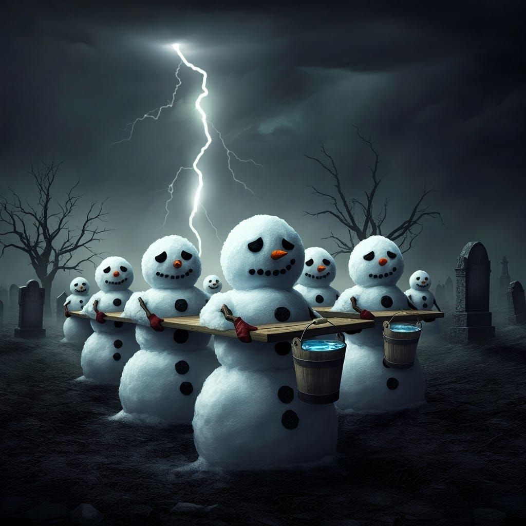 Snowmen's Funeral Procession in Graveyard Setting