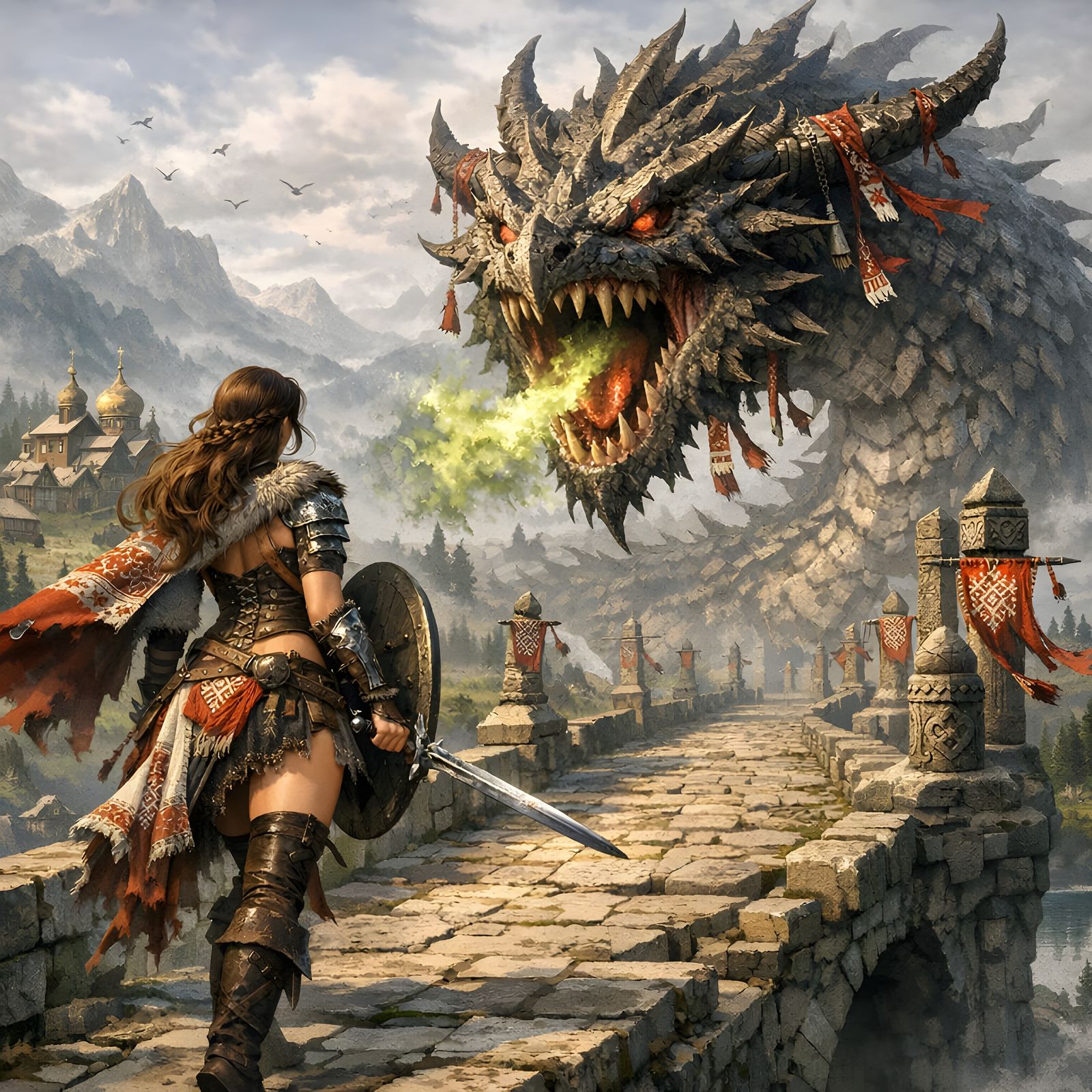 Warrior Encounters Dragon on Slavic Fantasy Bridge