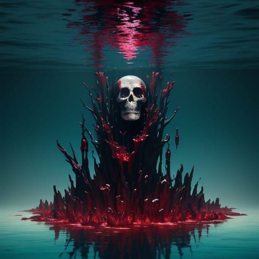 Skeletons Weep Ruby Tears into Teal Waters in Surreal Oil Pa...