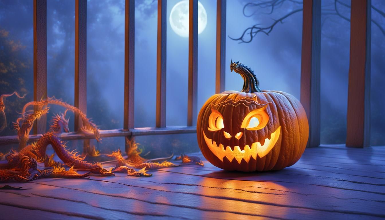 Glowing Dragon Pumpkin on Misty Porch: Fantasy Art