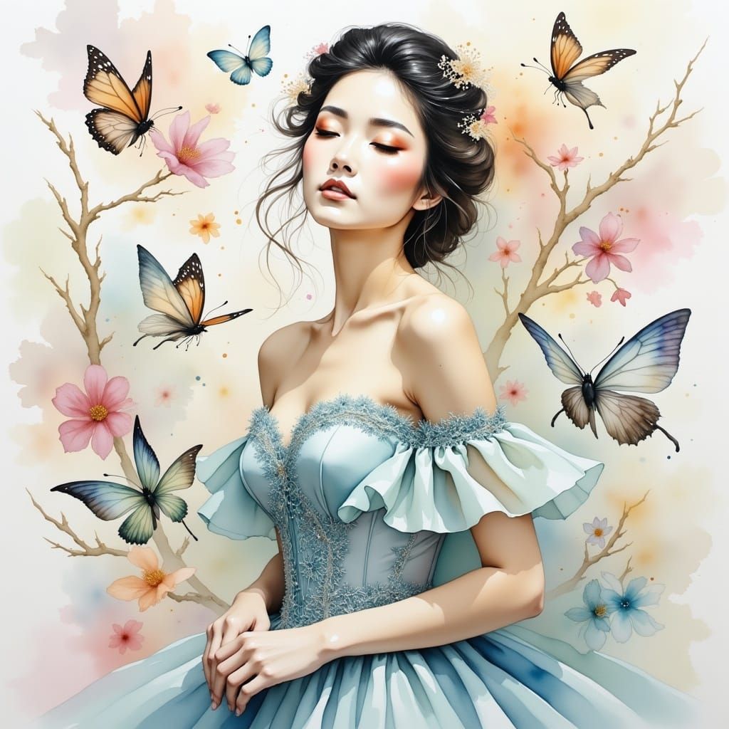 Ethereal Watercolor Portrait of a Serene Young Woman in a Fl...