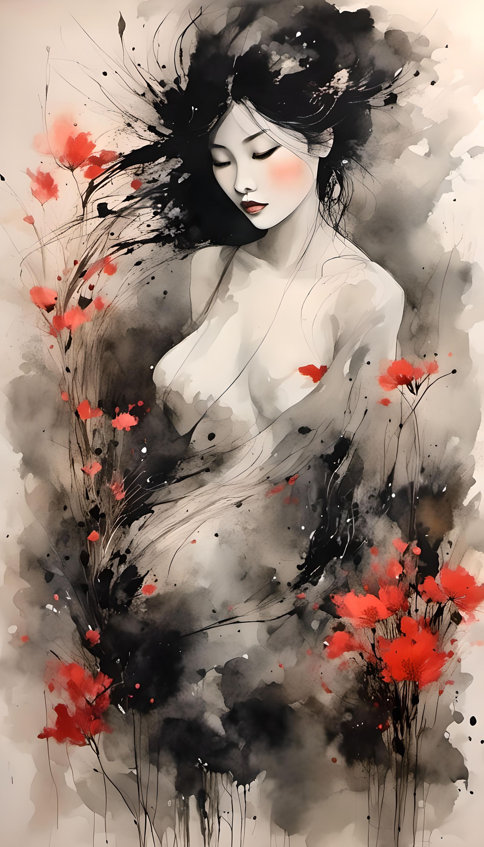 Monochrome Cat in Wild Garden: Ink Wash Painting