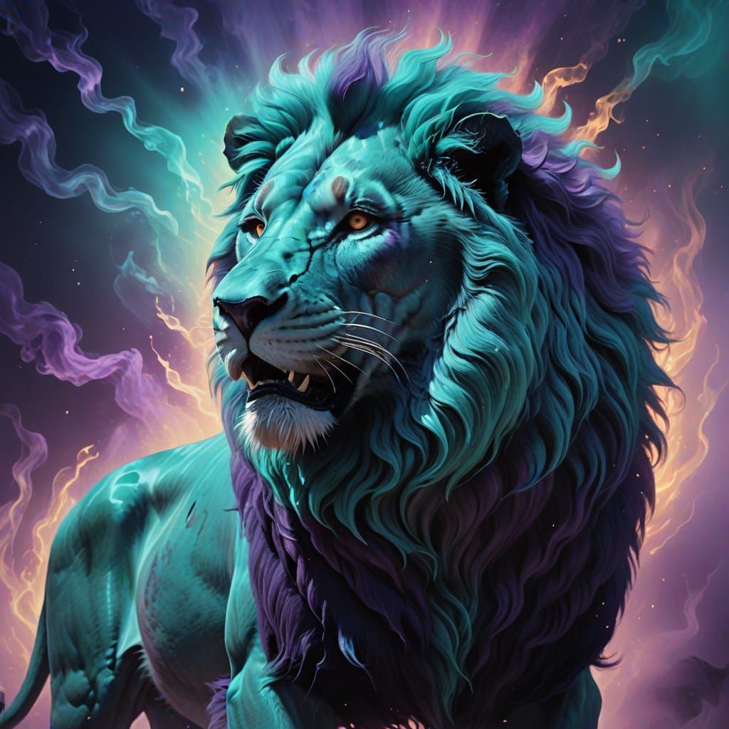 Ghostly Lion Roaring in Surreal Oil Painting