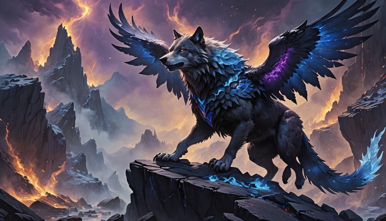 Fiery Lavaling Wolf with Eagle Wings, Dark Fantasy Art