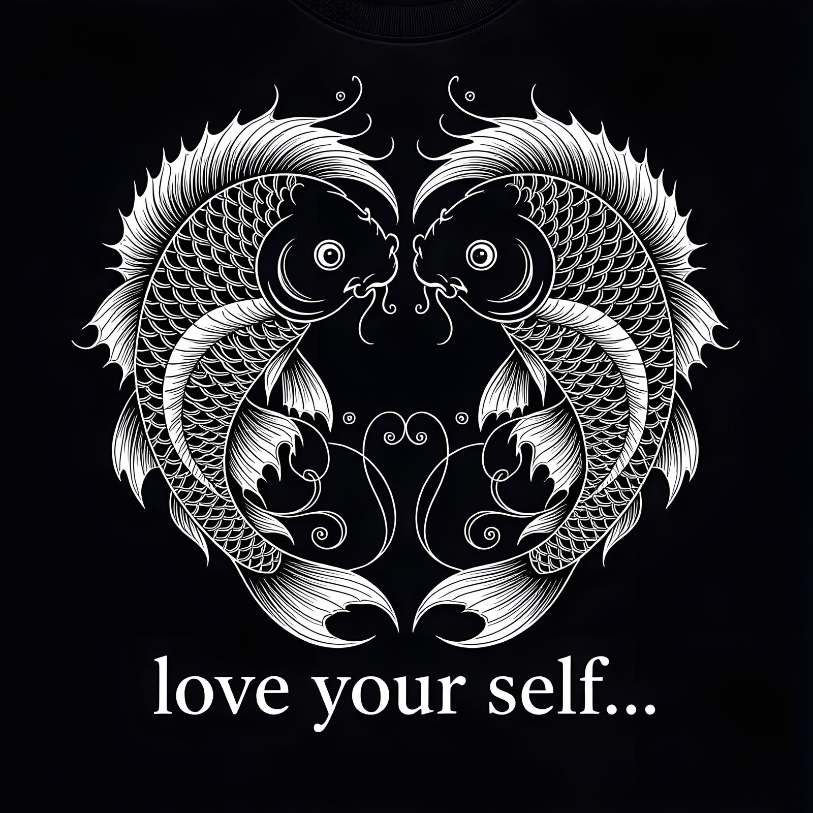 Black T-Shirt Design with White Line Art Fish Heart and Text