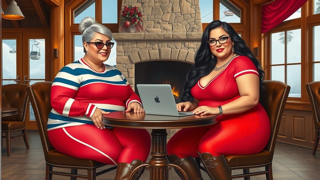Ski Lodge Scene with Curvy Women