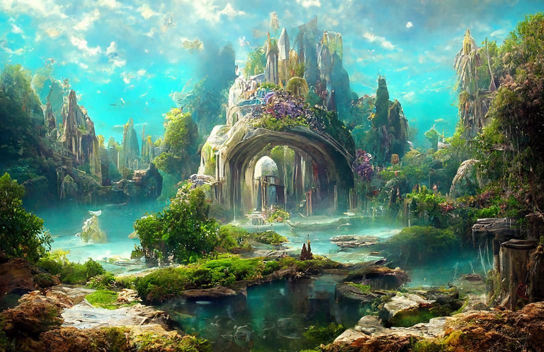 Luminous Underwater Temple Ruins: Dreamlike Fantasy Artwork