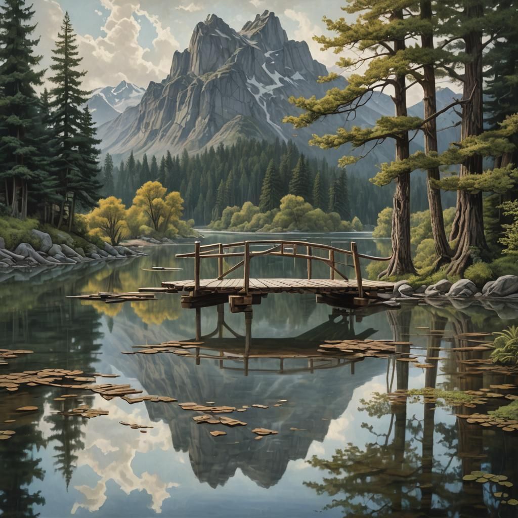 Serene Lake Reflecting Bridge in Golden Age Style