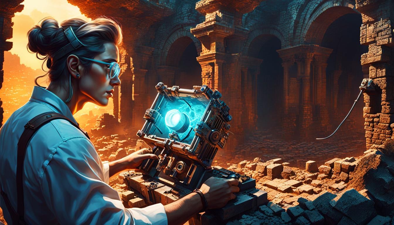 Young Scientist and Ancient Device in Fortress Ruins
