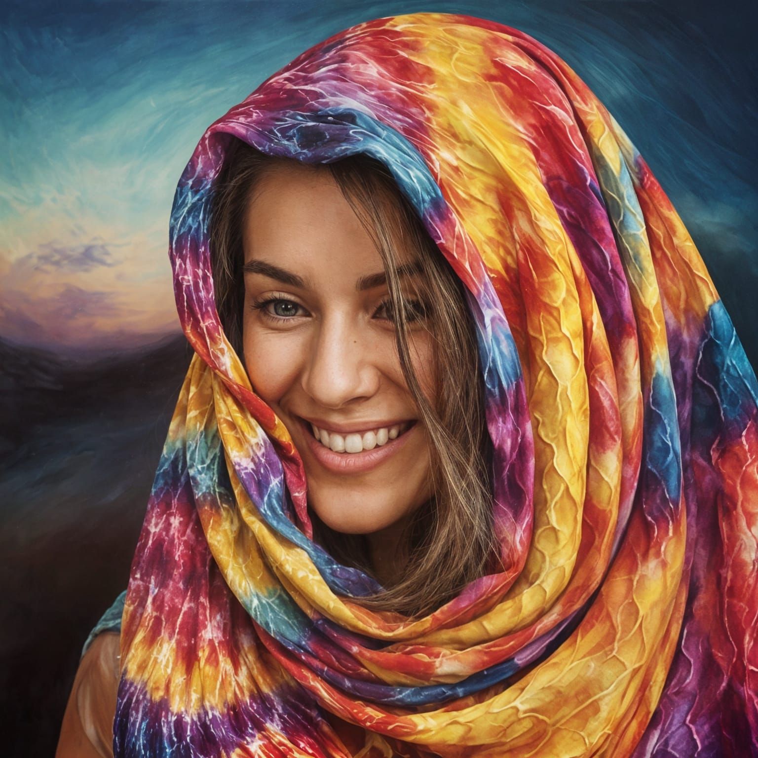 Surreal Spanish Woman Swathed in Vibrant Tie-Dyed Fabric