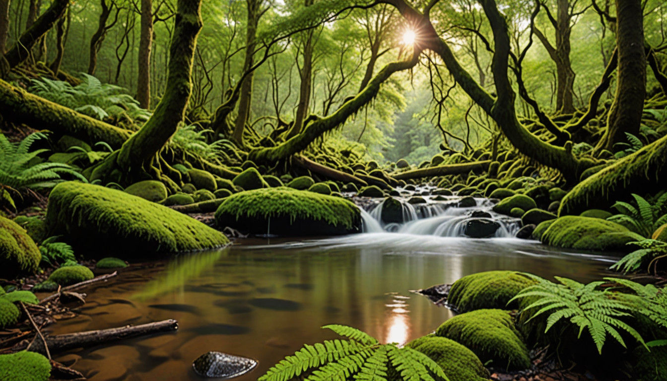 Whimsical Forest Water Scene with Dreamy Light and Texture