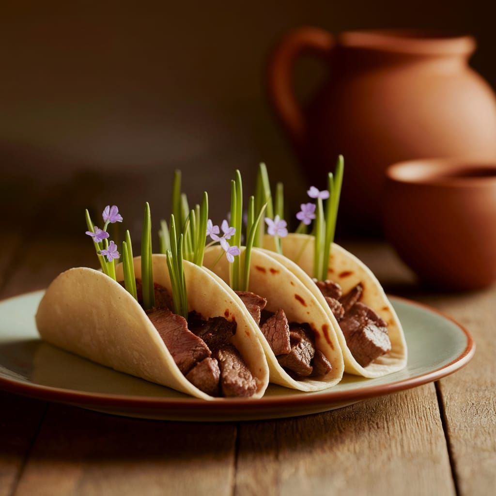 Steak Tacos with Floral Garnish Food Photography