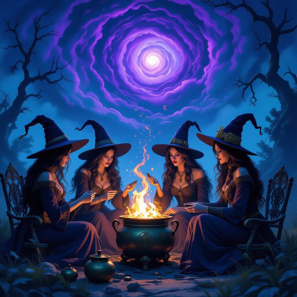 Witches Casting Spells Under a Swirling Violet Sky