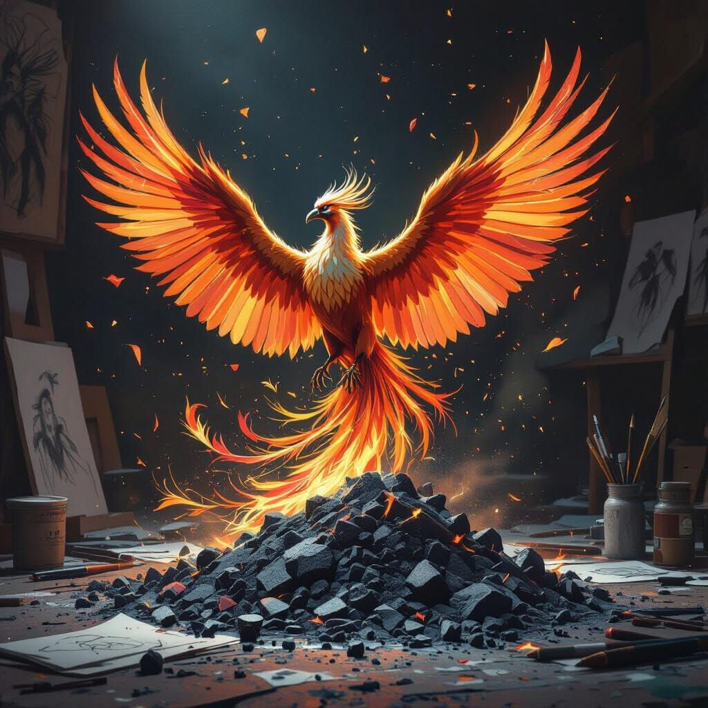 Majestic Phoenix Rises From Graphite Dust in Dark Fantasy St...