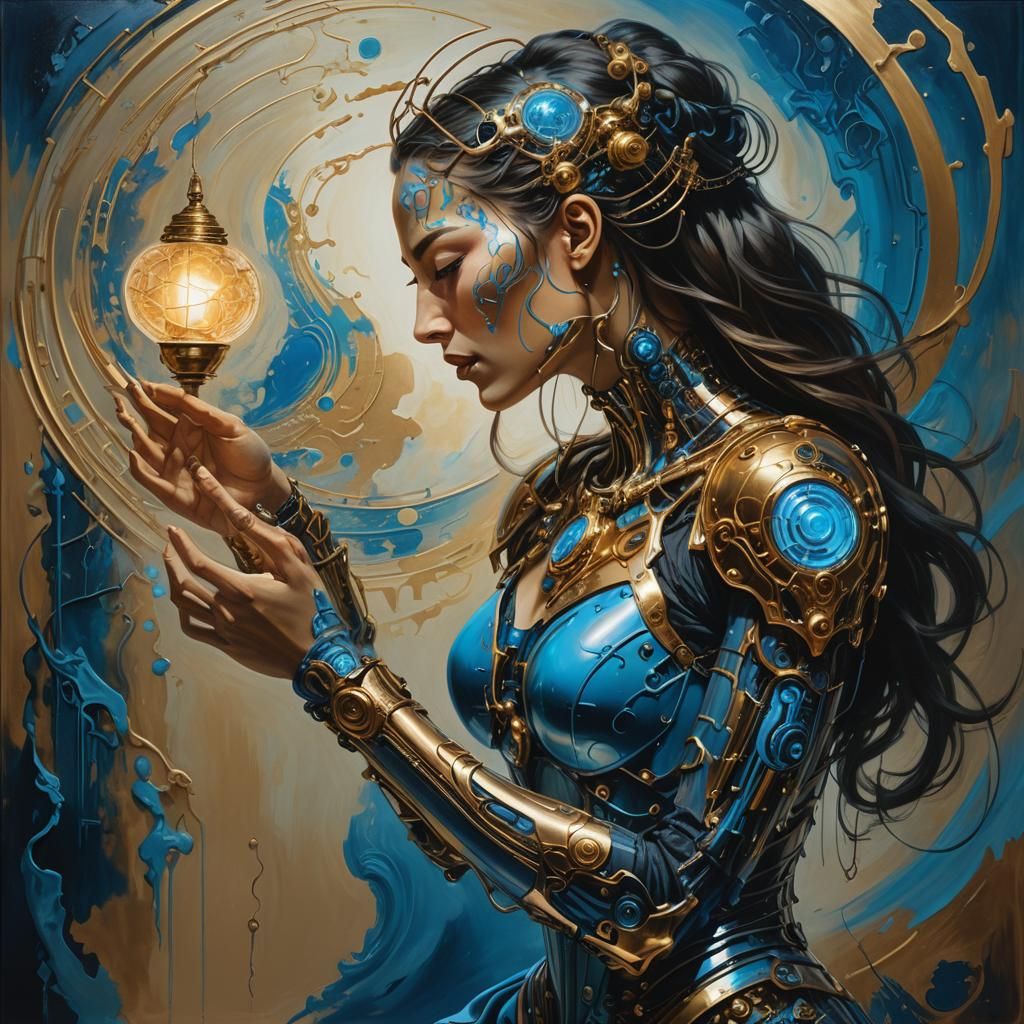 Cyborg Woman Painting a Sci-Fi Landscape