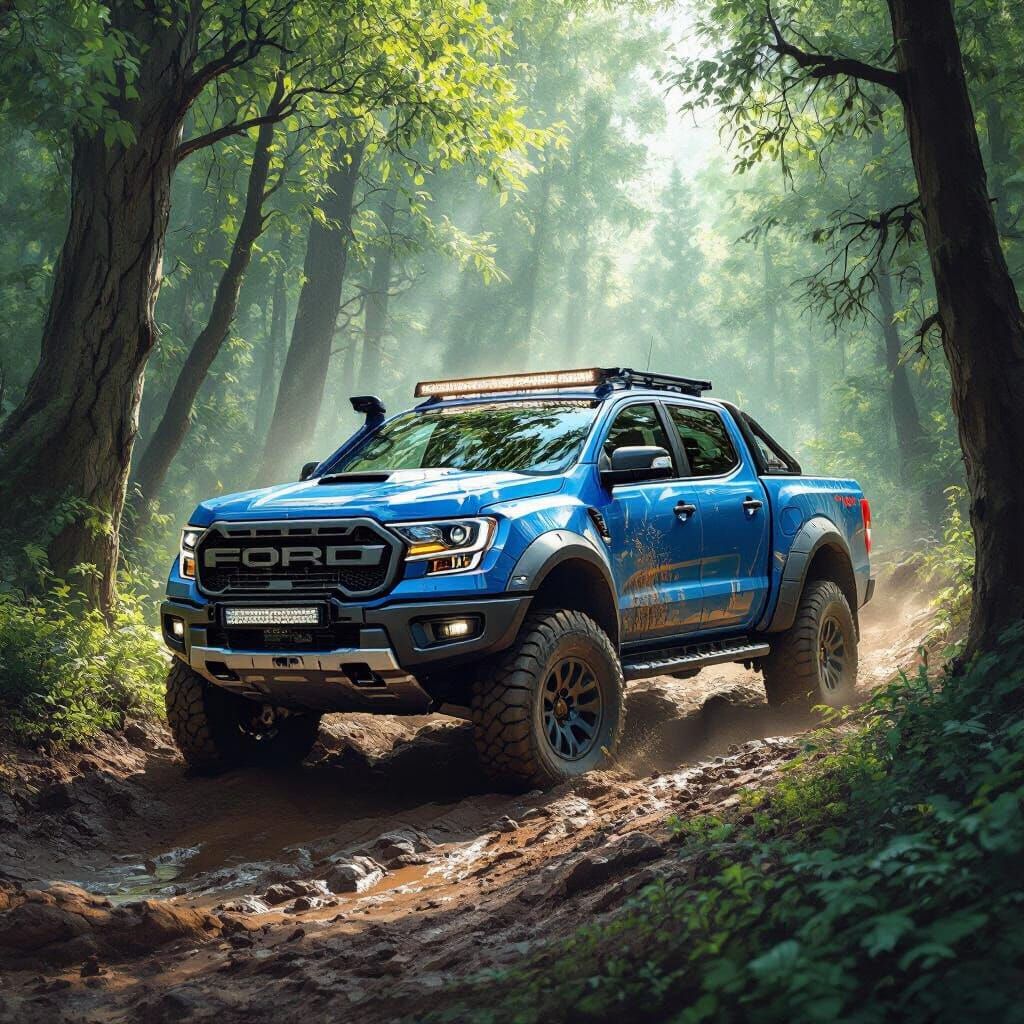Armored Blue Ford Ranger on Muddy Forest Trail