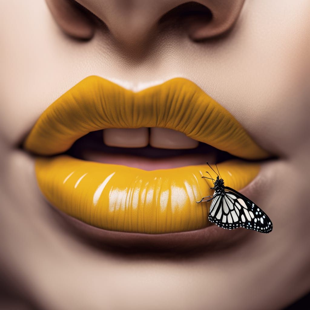 Monarch Butterfly On Striped Lips With Metallic Nails