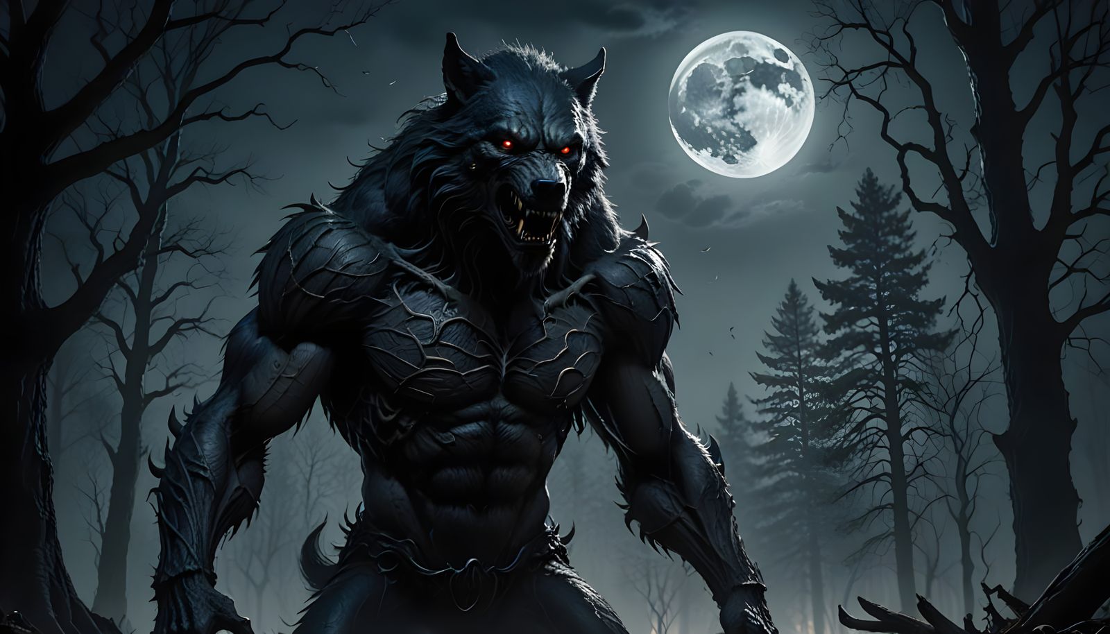 Surreal Hyper Realistic Werewolf Emerges from Moonlit Forest