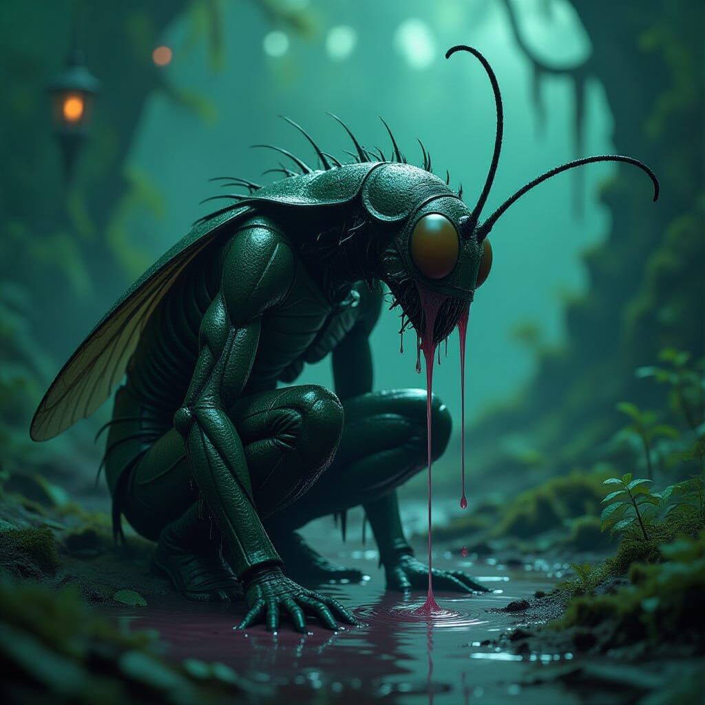 Gothic Insectoid Figure Weeping in Moody Light