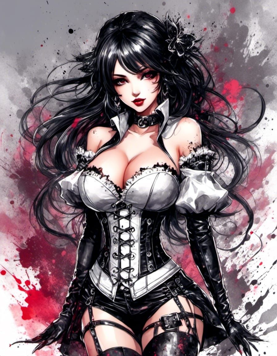 Anime Corset in Harlequin Brocade: Ink Splatter Art