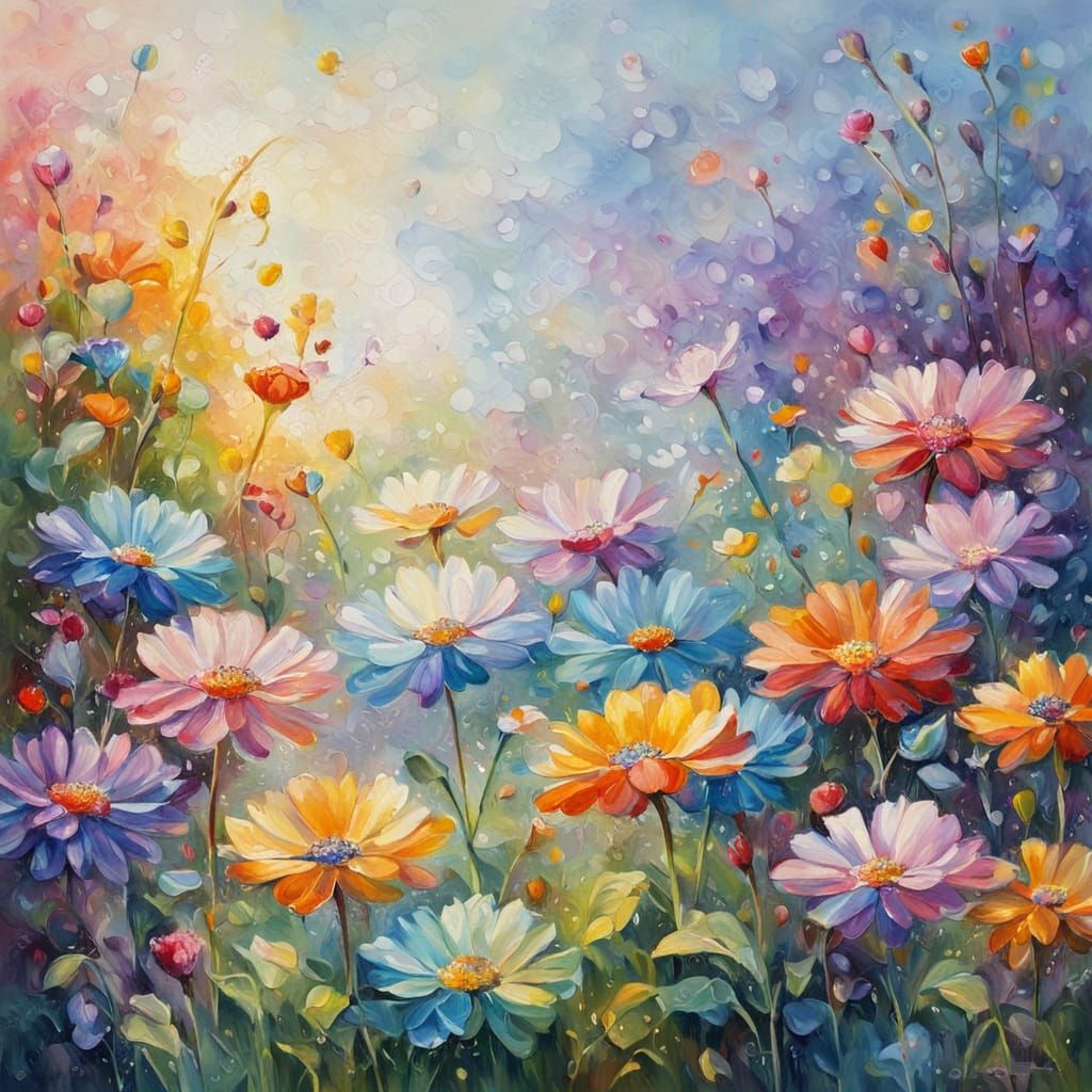 Rainbow Flowers Bloom in Impressionist Oil Painting