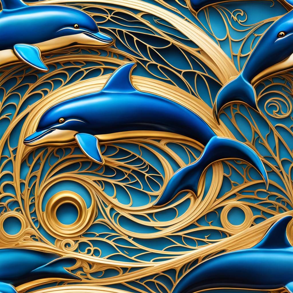 Elegant Blue Dolphins Playing in Mosaic Style