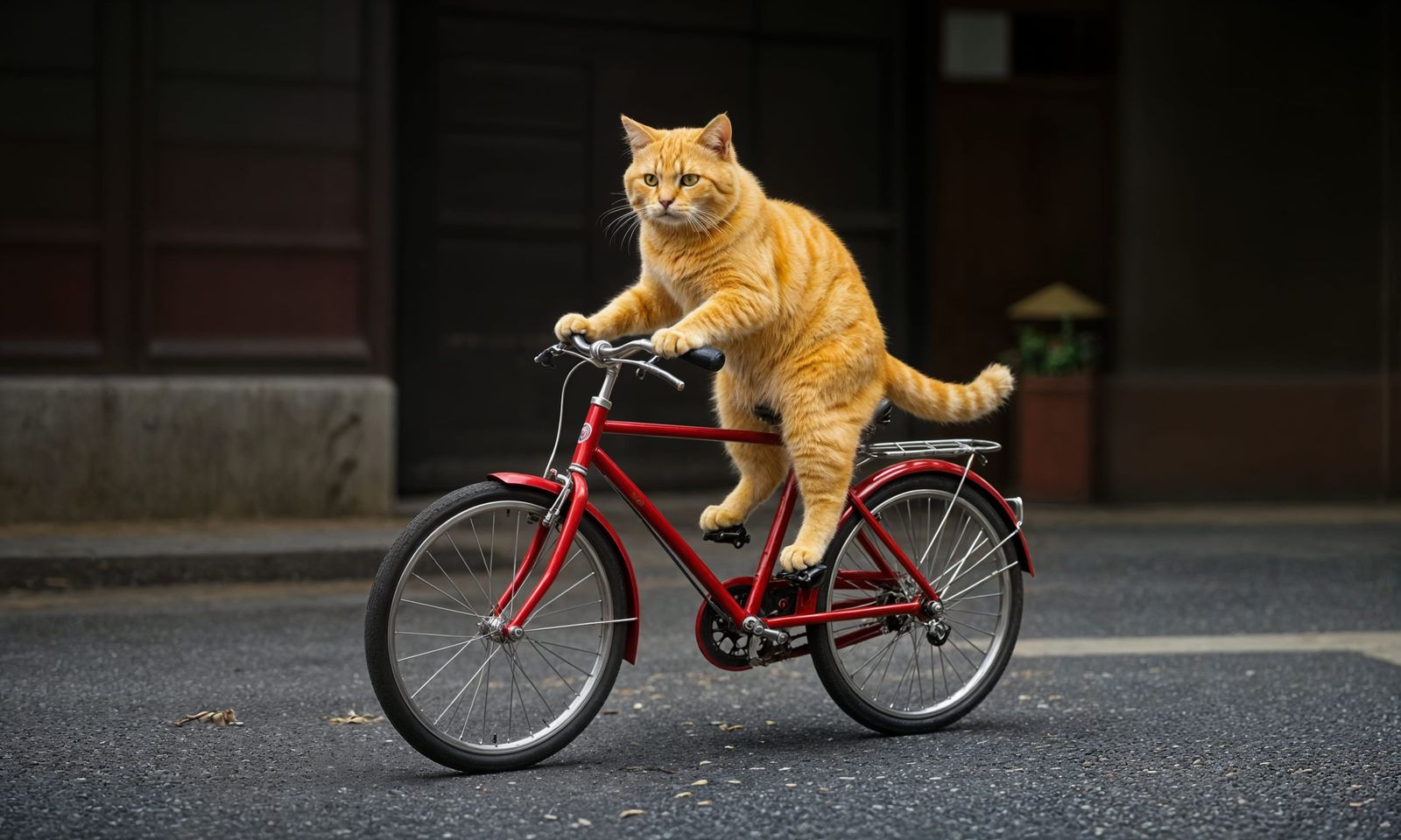 Hyperrealistic Yellow Cat Rides Red Bicycle in Moody Cinemat...