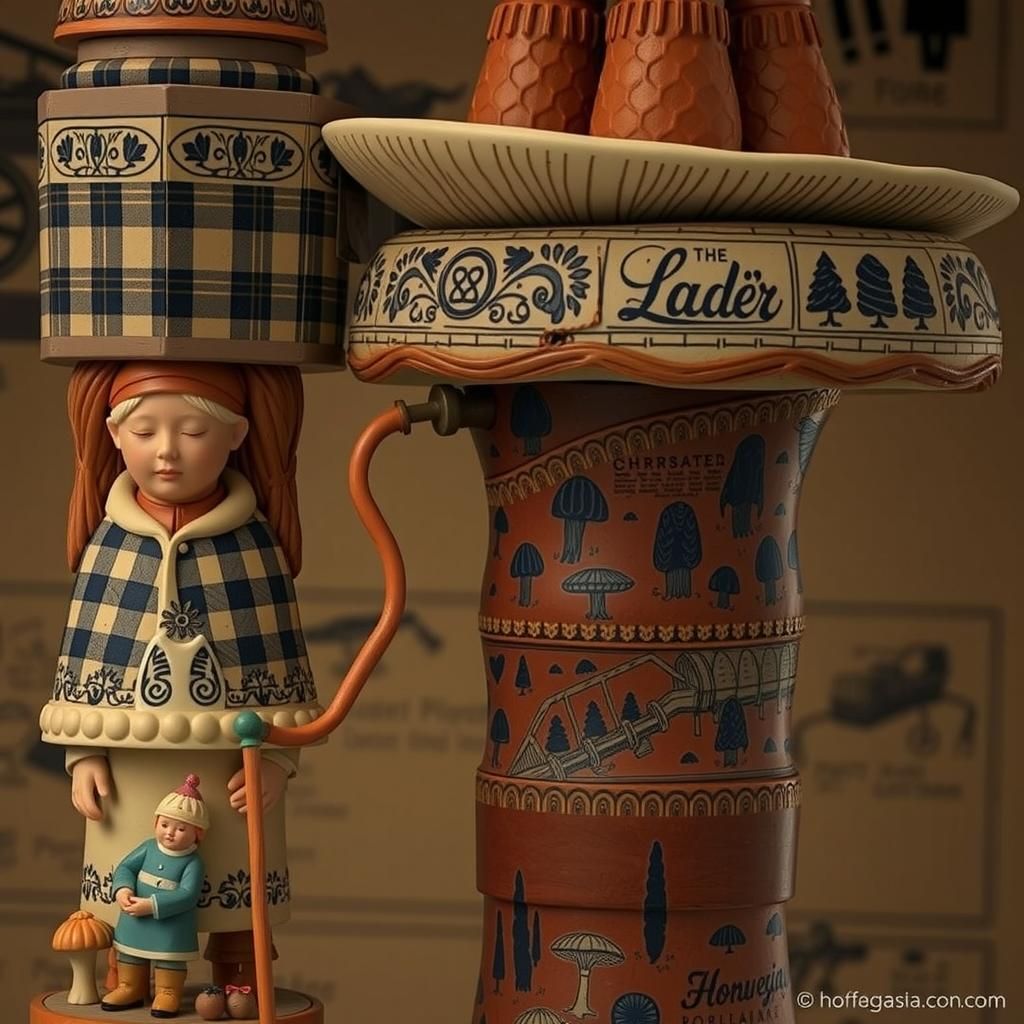 Norwegian Workers Tend Mushroom Landscape in Linocut Style